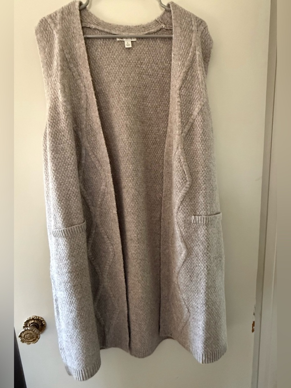 Long, 39” from shoulder down, Taupe, soft, textured sweater vest by Cato.